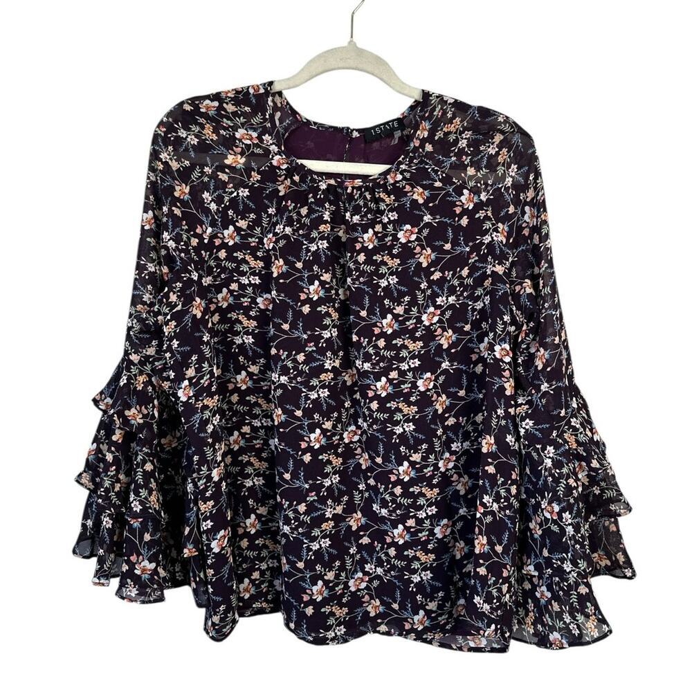 1. STATE Bell Sleeve Blouse Top Floral Lightweight Feminine Ruffle Purple Large